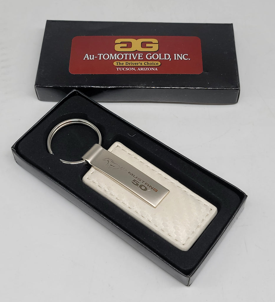 Brand New Mustang 5.0 Engraved Rectangle Carbon Fiber White Leather Fob Keyring Keychain Official Licensed Product