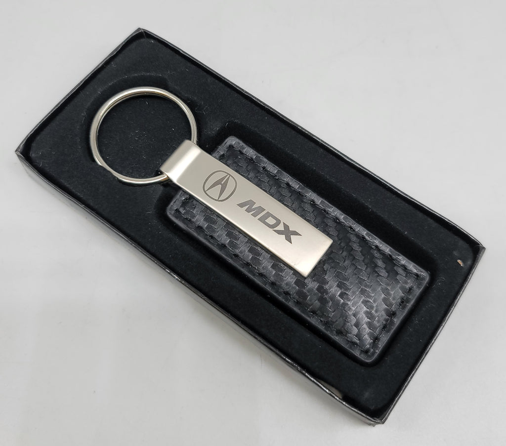 Brand New Acura MDX Engraved Rectangle Carbon Fiber Leather Fob Keyring Keychain Official Licensed Product