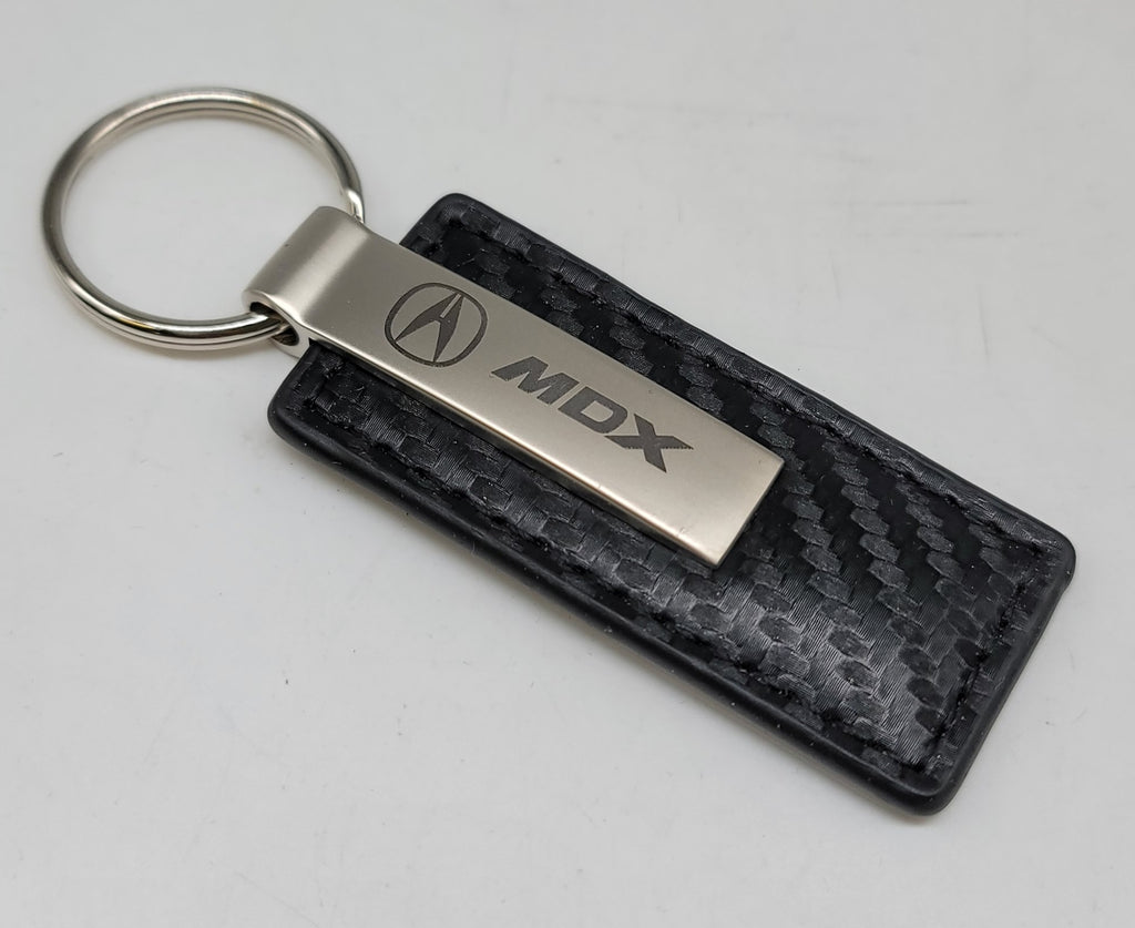 Brand New Acura MDX Engraved Rectangle Carbon Fiber Leather Fob Keyring Keychain Official Licensed Product