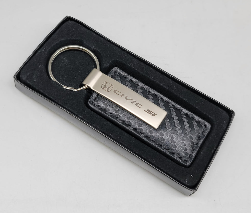 Brand New Honda Civic SI Engraved Rectangle Carbon Fiber Leather Fob Keyring Keychain Official Licensed Product