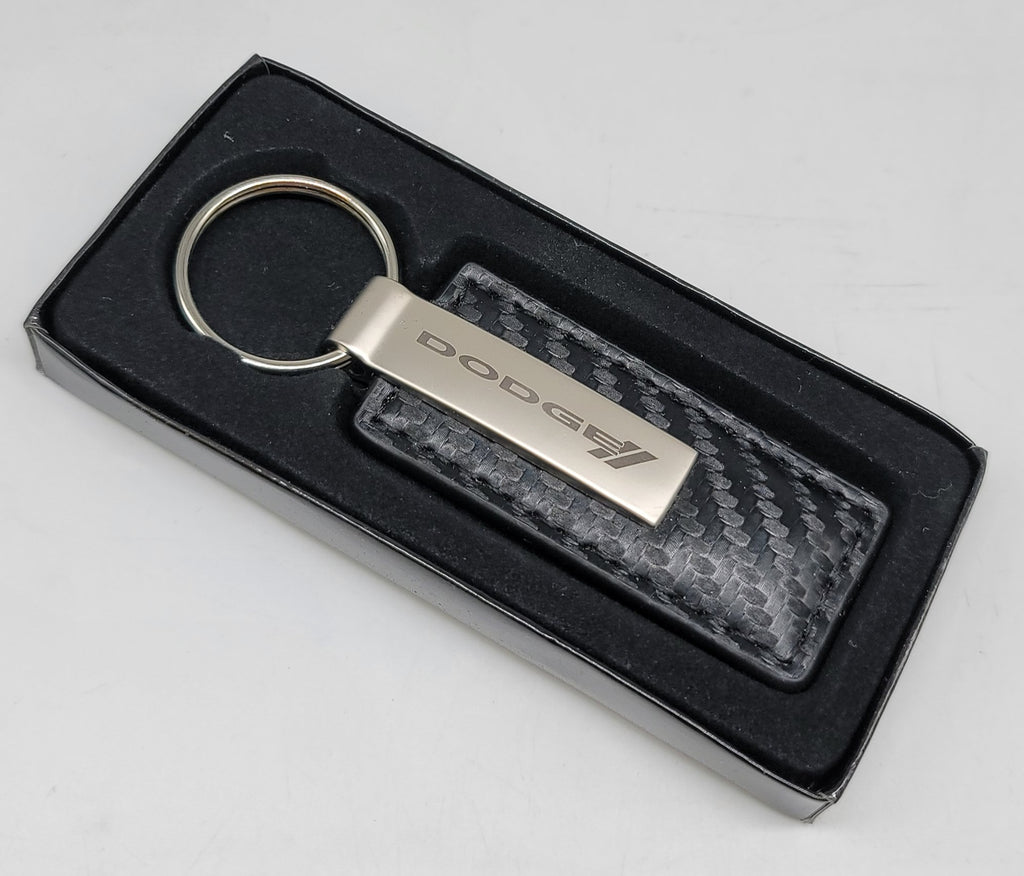 Brand New Dodge Engraved Rectangle White Carbon Fiber Leather Fob Keyring Keychain Official Licensed Product