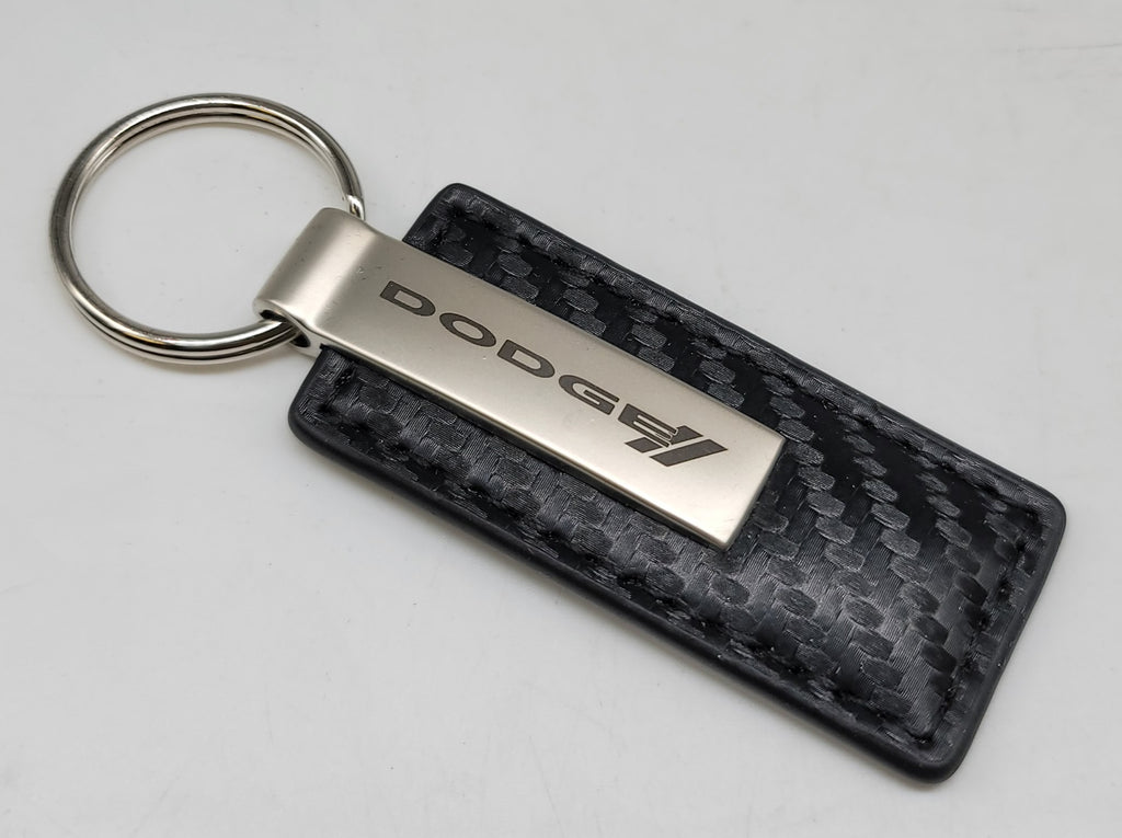 Brand New Dodge Engraved Rectangle White Carbon Fiber Leather Fob Keyring Keychain Official Licensed Product