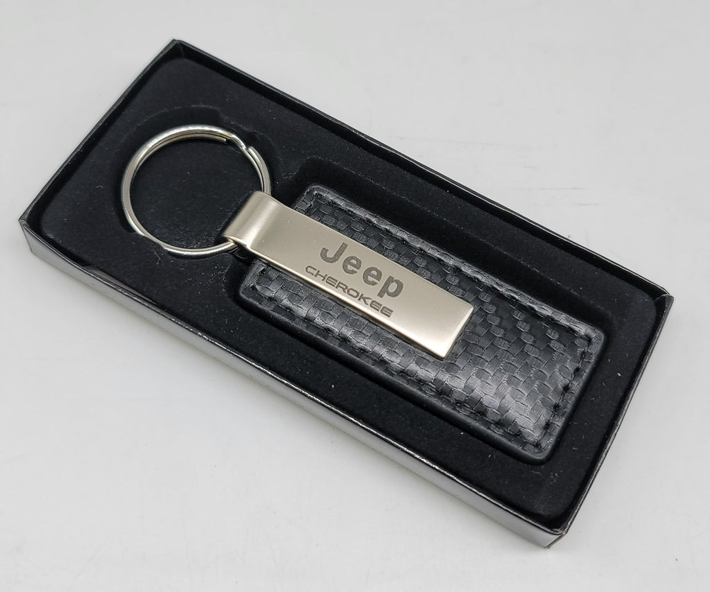 Brand New Jeep Cherokee Engraved Rectangle White Carbon Fiber Leather Fob Keyring Keychain Official Licensed Product