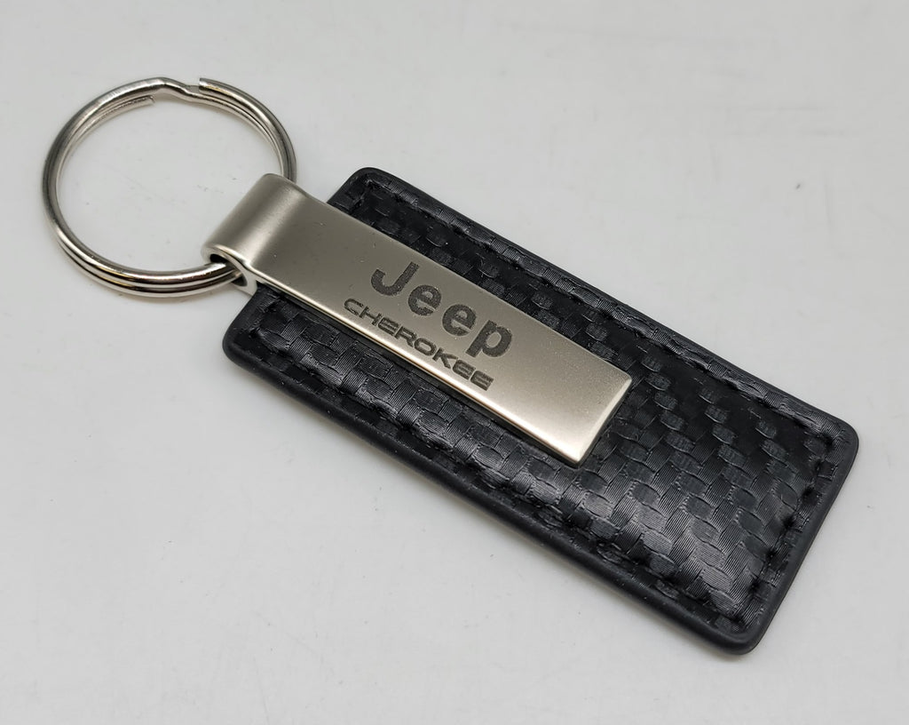 Brand New Jeep Cherokee Engraved Rectangle White Carbon Fiber Leather Fob Keyring Keychain Official Licensed Product