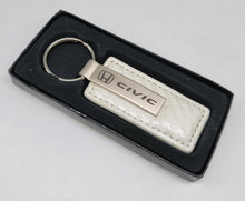 Load image into Gallery viewer, Brand New Honda Civic Engraved Rectangle White Carbon Fiber Leather Fob Keyring Keychain Official Licensed Product