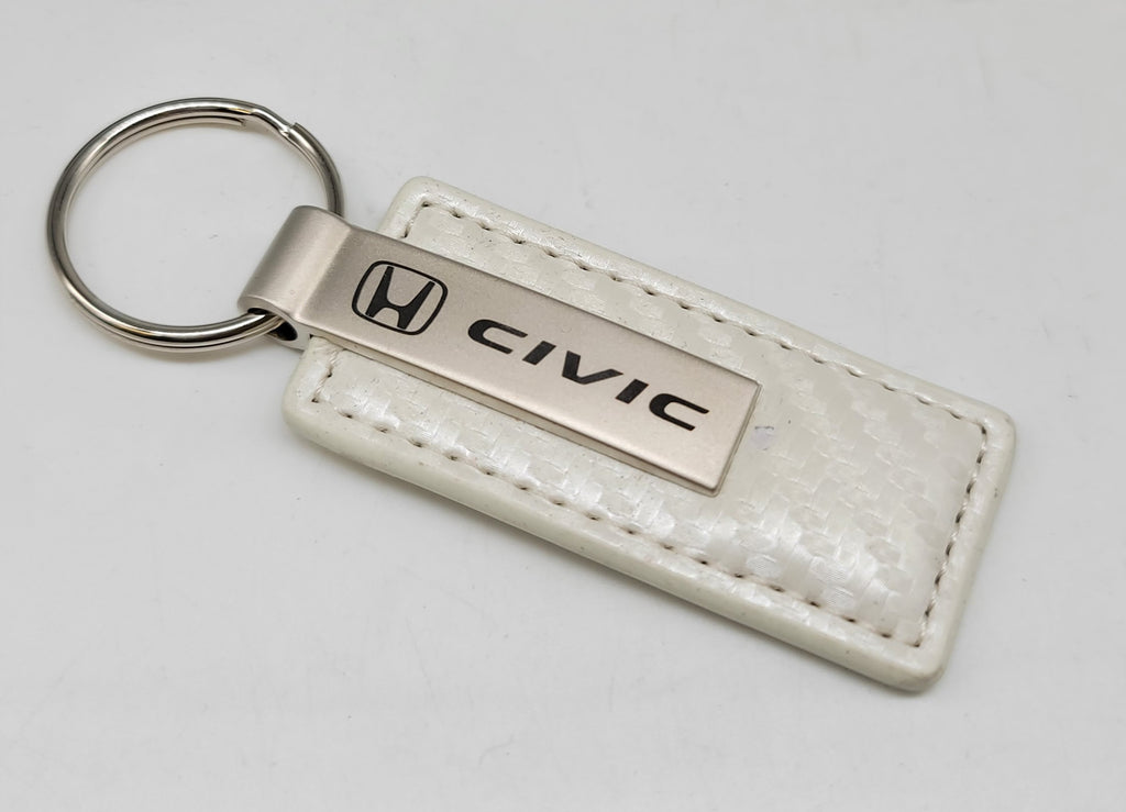 Brand New Honda Civic Engraved Rectangle White Carbon Fiber Leather Fob Keyring Keychain Official Licensed Product