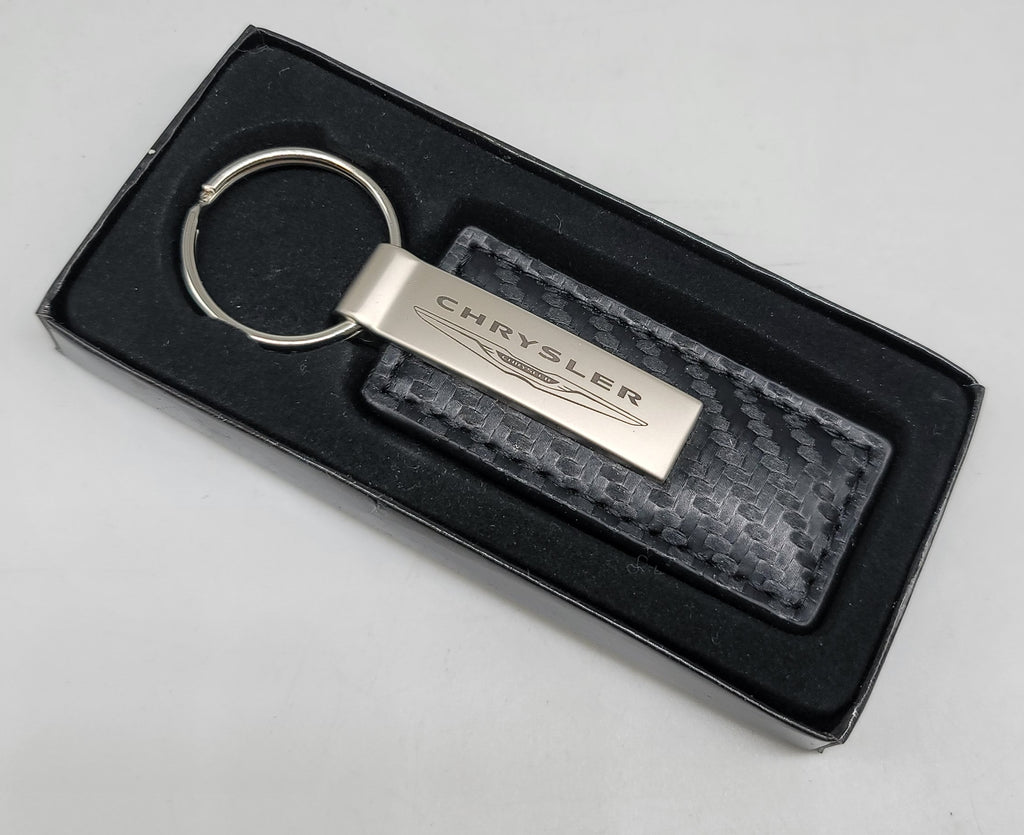 Brand New Chrysler Engraved Rectangle Carbon Fiber Leather Fob Keyring Keychain Official Licensed Product