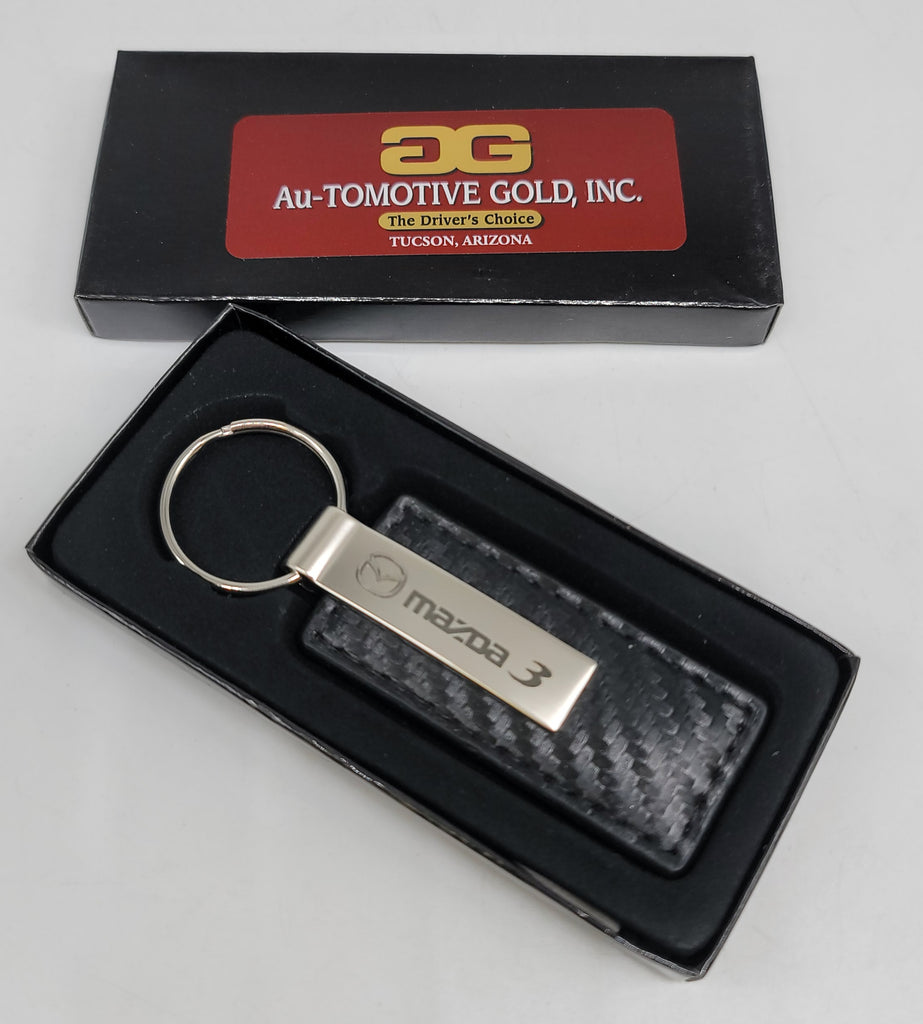 Brand New Mazda 3 Engraved Rectangle Carbon Fiber Leather Fob Keyring Keychain Official Licensed Product