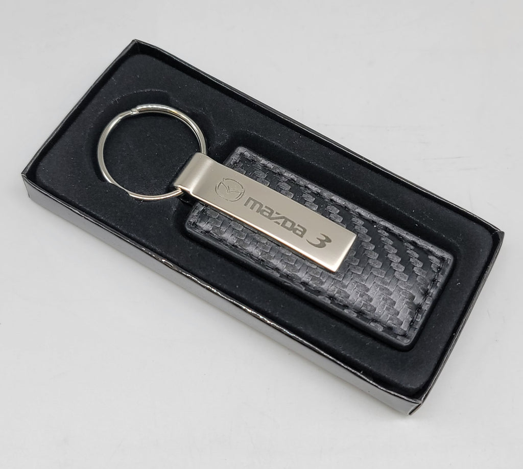 Brand New Mazda 3 Engraved Rectangle Carbon Fiber Leather Fob Keyring Keychain Official Licensed Product