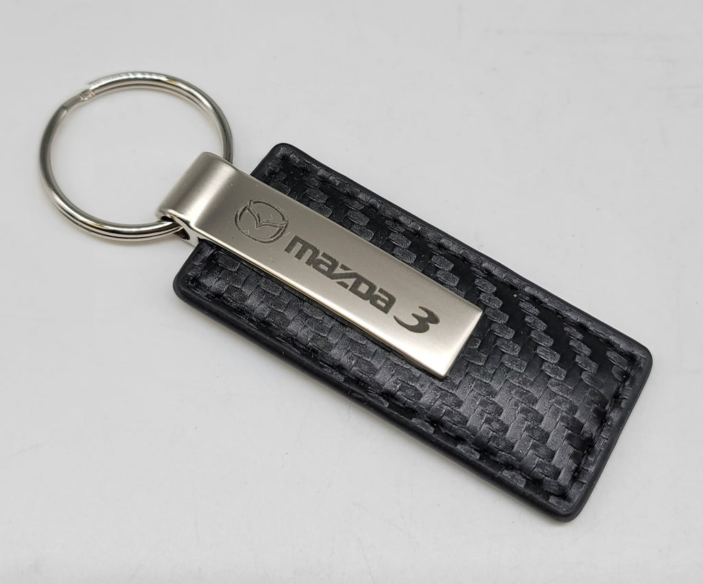 Brand New Mazda 3 Engraved Rectangle Carbon Fiber Leather Fob Keyring Keychain Official Licensed Product