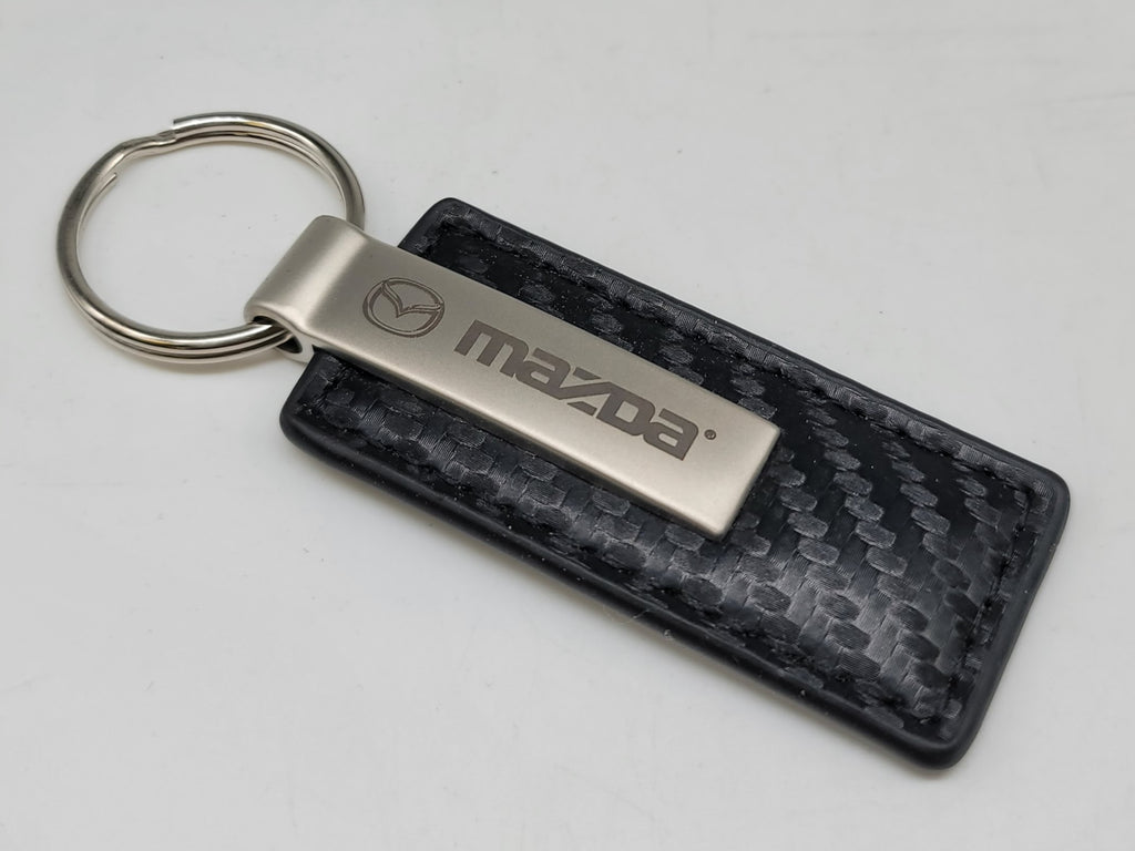 Brand New Mazda Engraved Rectangle Carbon Fiber Leather Fob Keyring Keychain Official Licensed Product