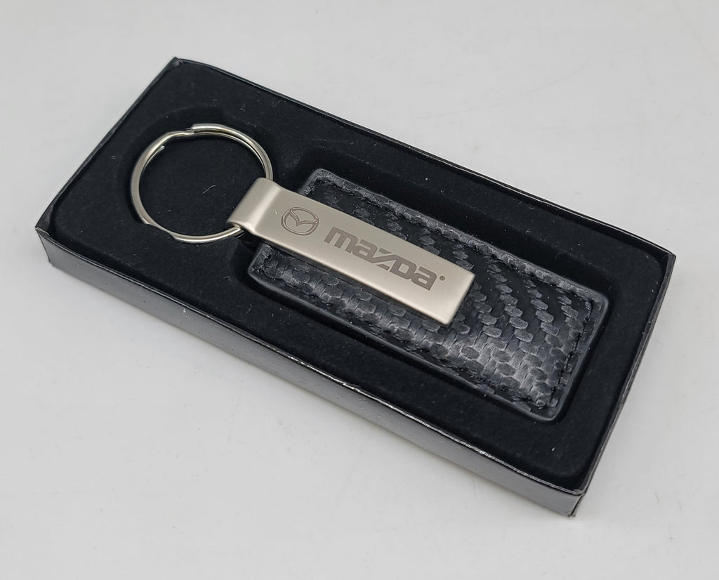 Brand New Mazda Engraved Rectangle Carbon Fiber Leather Fob Keyring Keychain Official Licensed Product