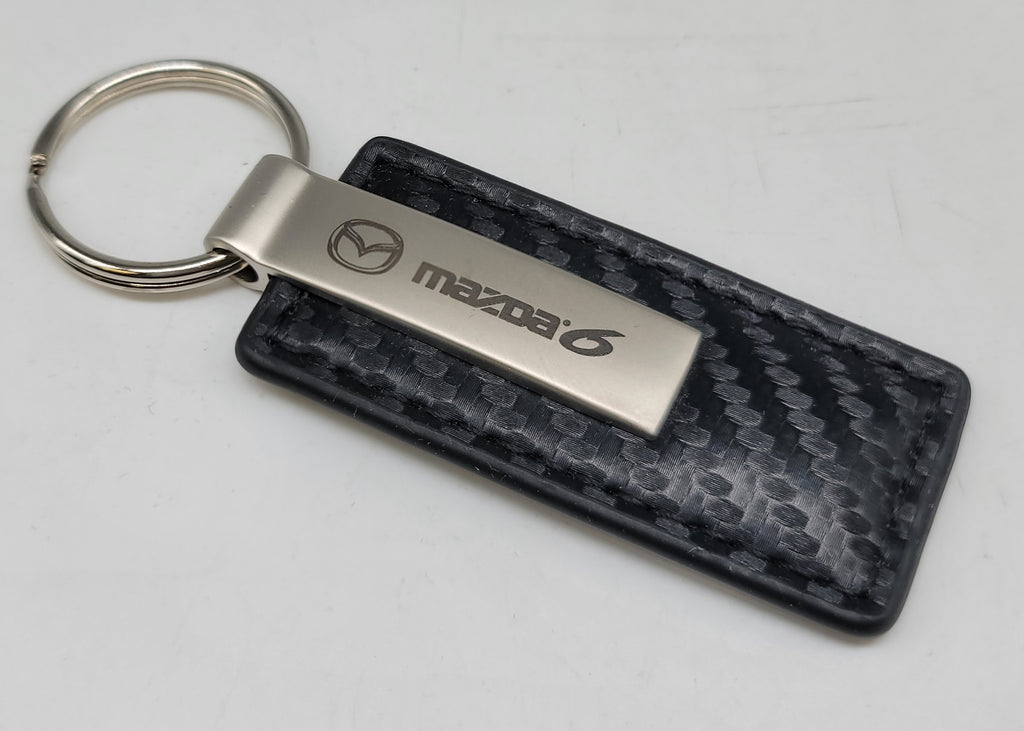 Brand New Mazda 6 Engraved Rectangle Carbon Fiber Leather Fob Keyring Keychain Official Licensed Product