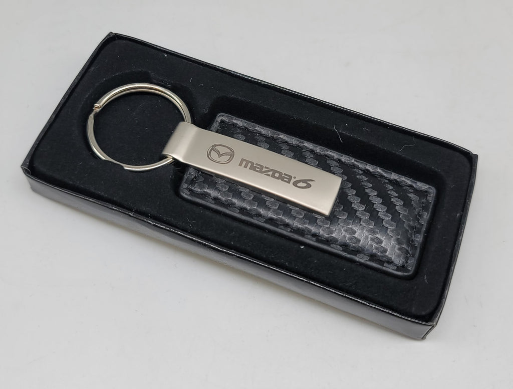 Brand New Mazda 6 Engraved Rectangle Carbon Fiber Leather Fob Keyring Keychain Official Licensed Product