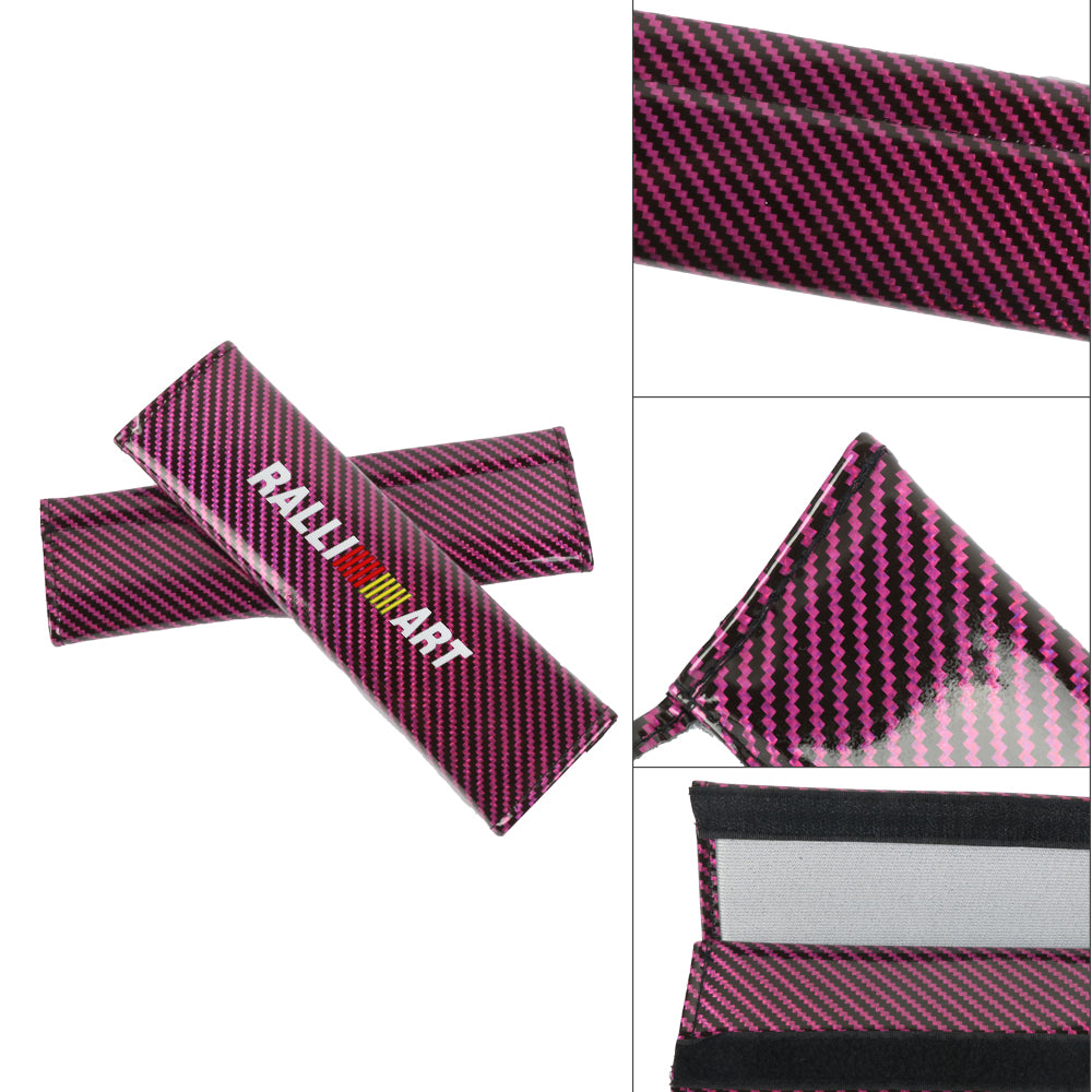 Brand New Universal 2PCS RALLIART Hot Pink Carbon Fiber Look Car Seat Belt Covers Shoulder Pad