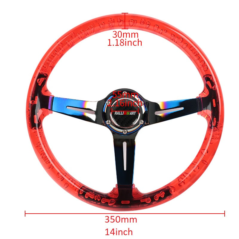 Brand New Ralliart Universal 6-Hole 350mm Deep Dish Vip Red Crystal Bubble Burnt Blue Spoke Steering Wheel
