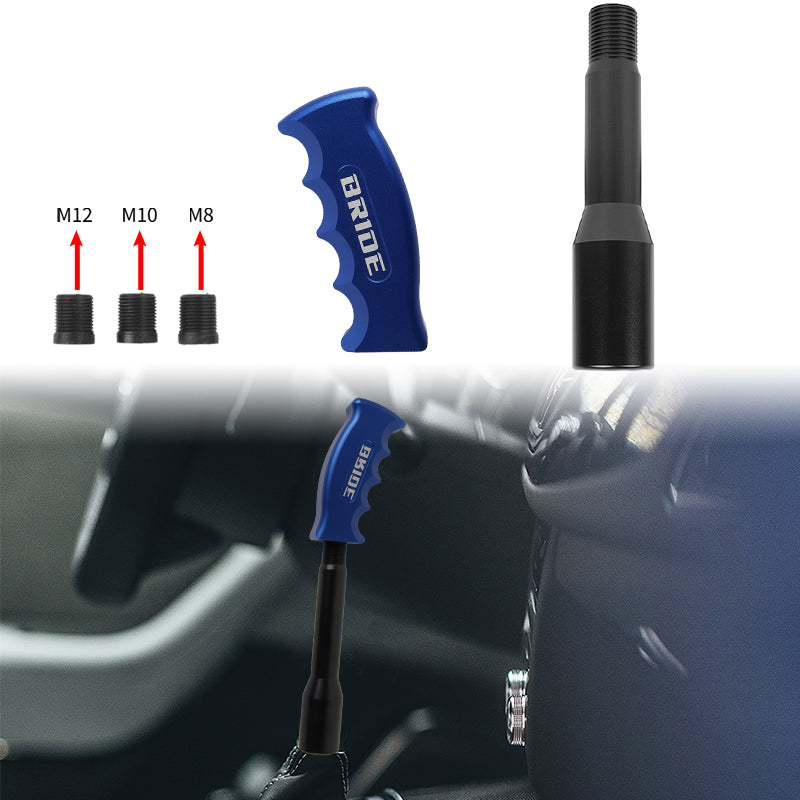 Brand New Bride Blue Aluminum Slotted Pistol Grip Handle Manuel Gear Stick Shift Knob M8 M10 M12 & Black Shifter Extender Extension