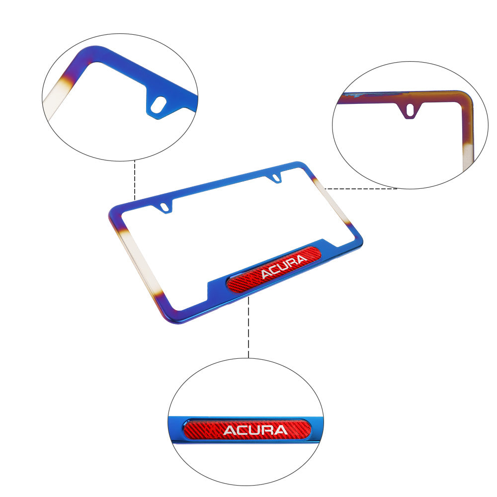 Brand New Universal 2PCS Acura Titanium Burnt Blue Metal License Plate Frame