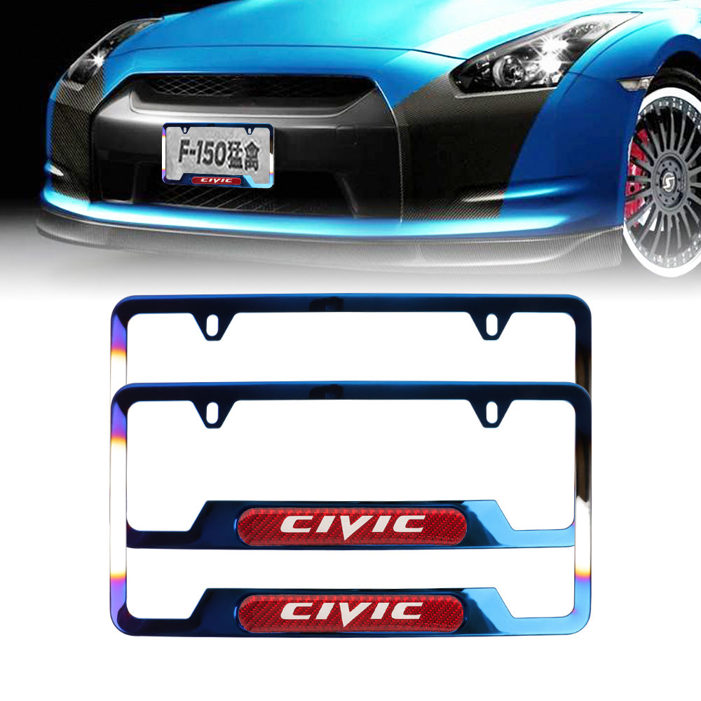 Brand New Universal 2PCS Civic Titanium Burnt Blue Metal License Plate Frame