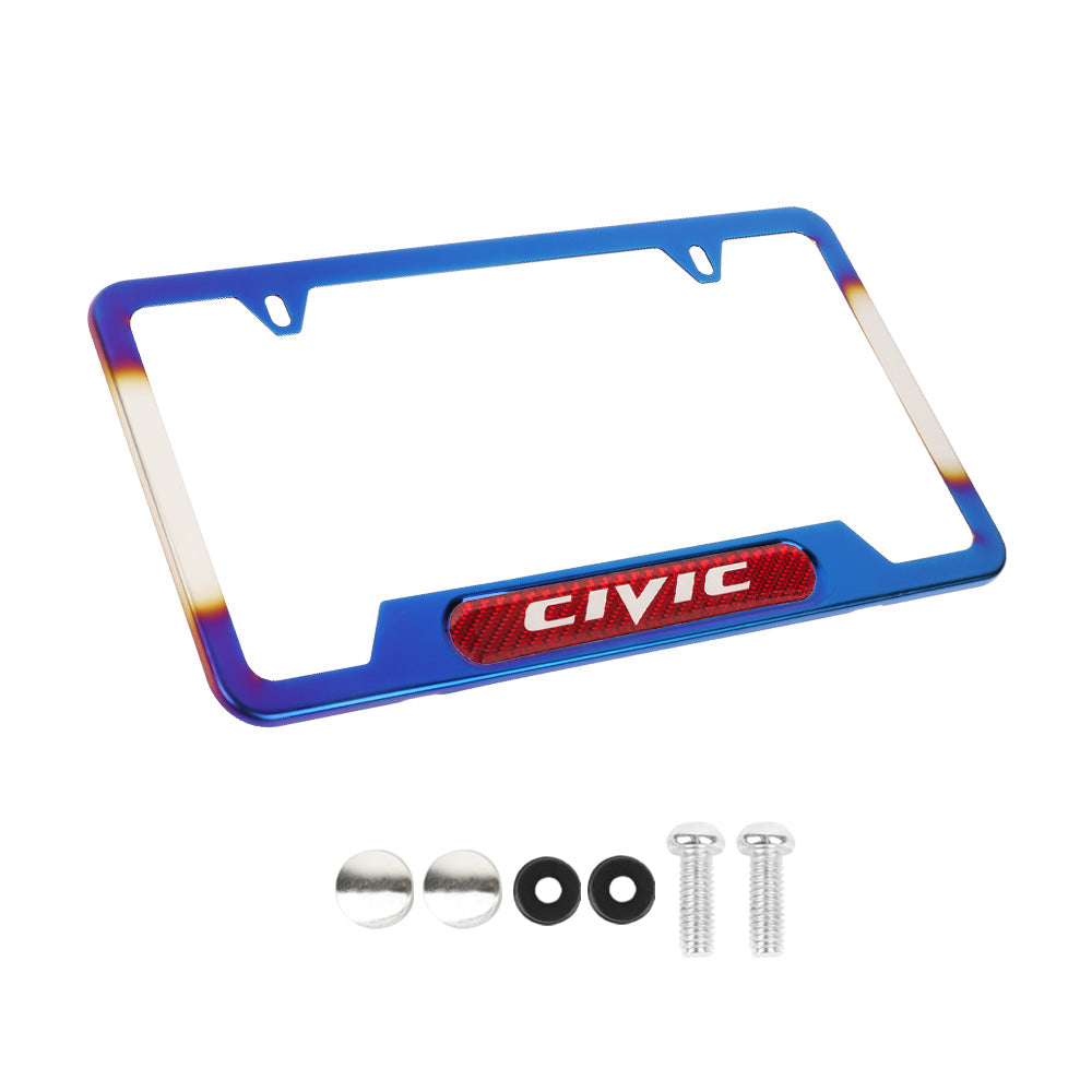 Brand New Universal 2PCS Civic Titanium Burnt Blue Metal License Plate Frame