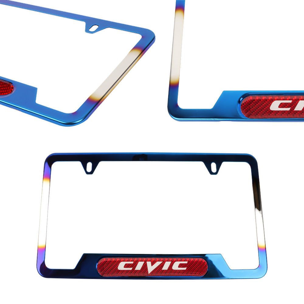 Brand New Universal 2PCS Civic Titanium Burnt Blue Metal License Plate Frame