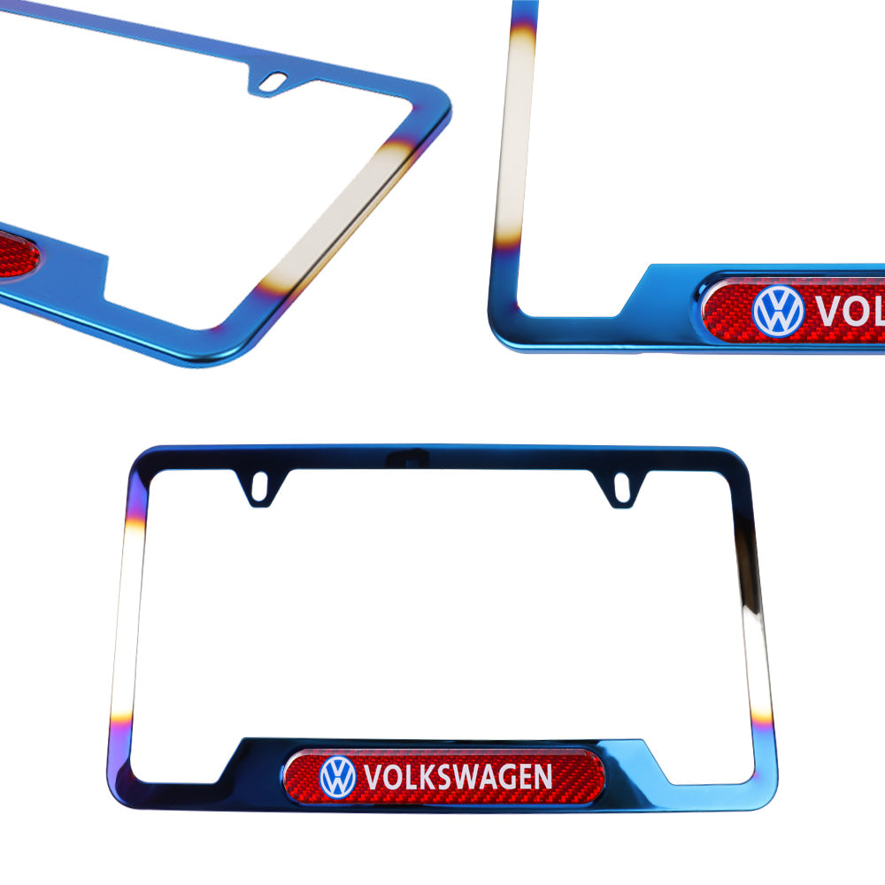 Brand New Universal 2PCS VOLKSWAGEN Titanium Burnt Blue Metal License Plate Frame