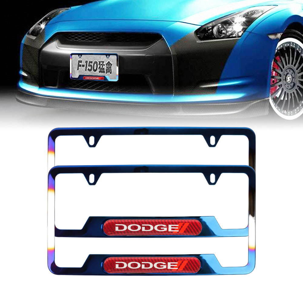 Brand New Universal 2PCS Dodge Titanium Burnt Blue Metal License Plate Frame