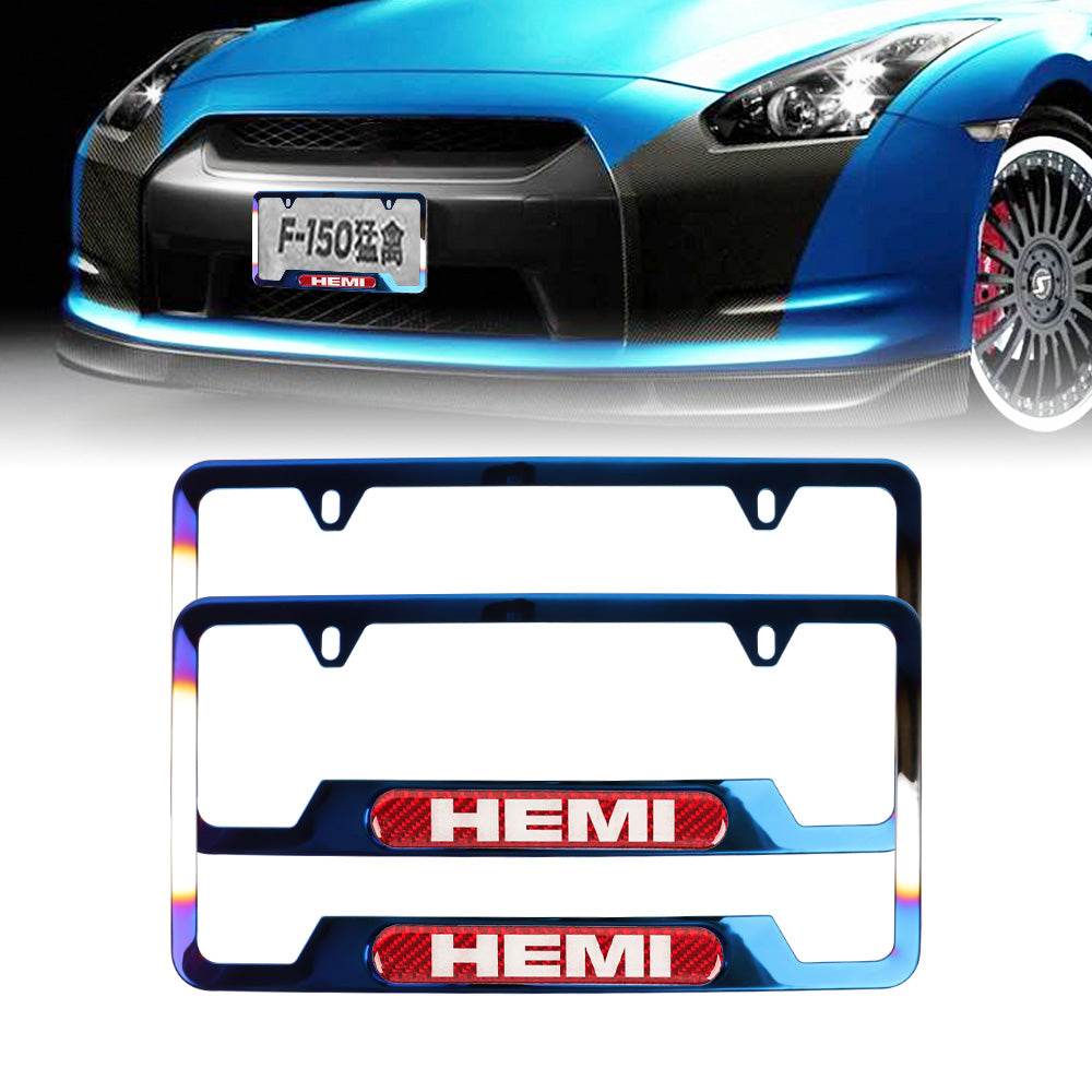 Brand New Universal 2PCS HEMI Titanium Burnt Blue Metal License Plate Frame