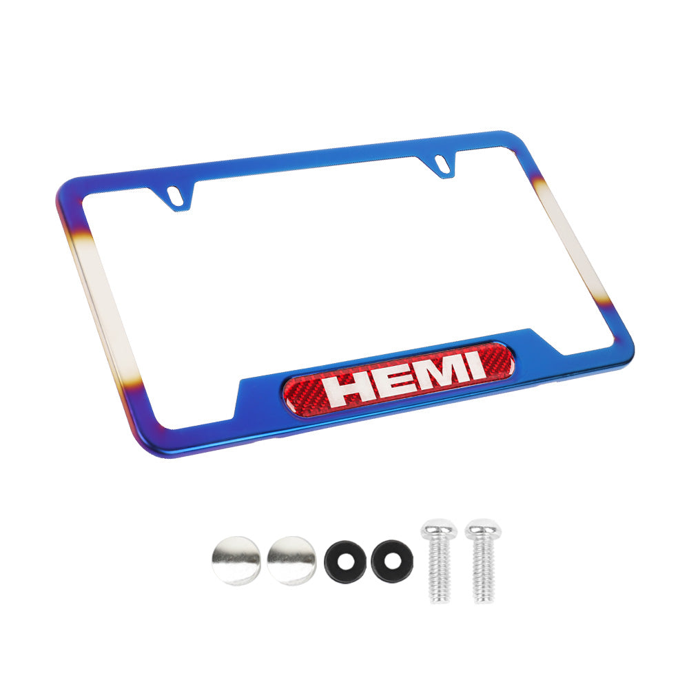 Brand New Universal 2PCS HEMI Titanium Burnt Blue Metal License Plate Frame