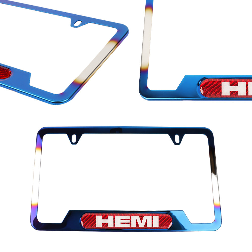 Brand New Universal 2PCS HEMI Titanium Burnt Blue Metal License Plate Frame