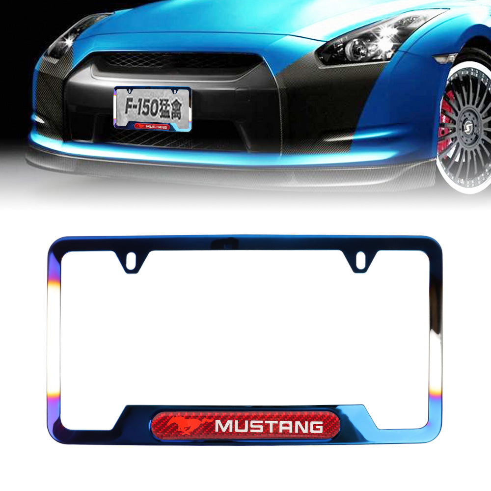 Brand New Universal 1PCS Mustang Titanium Burnt Blue Metal License Plate Frame