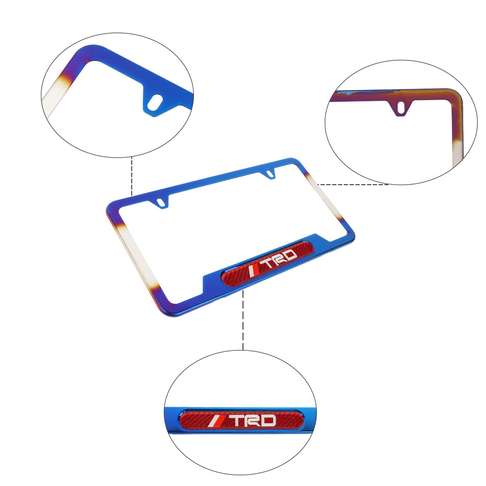 Brand New Universal 2PCS TRD Titanium Burnt Blue Metal License Plate Frame