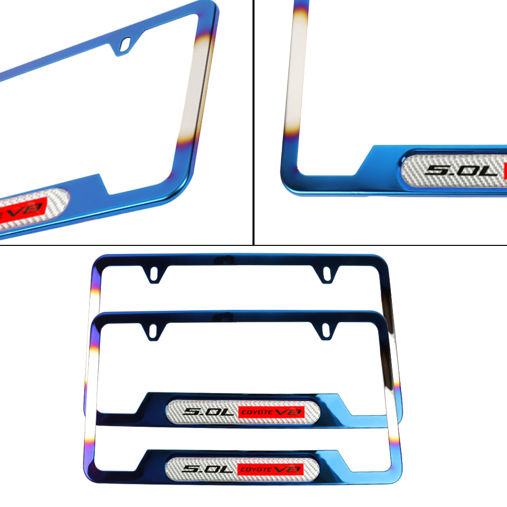 Brand New Universal 2PCS 5.0L COYOTE V8 Titanium Burnt Blue Metal License Plate Frame