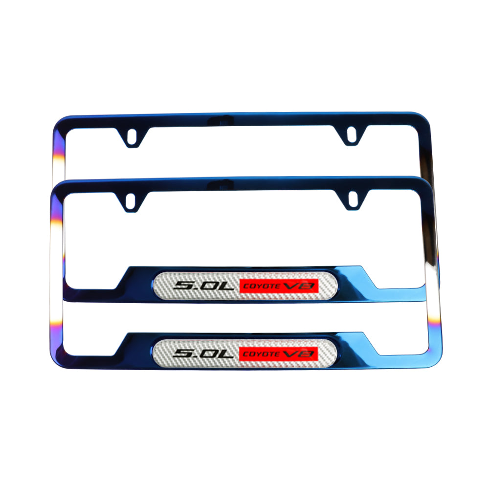 Brand New Universal 2PCS 5.0L COYOTE V8 Titanium Burnt Blue Metal License Plate Frame