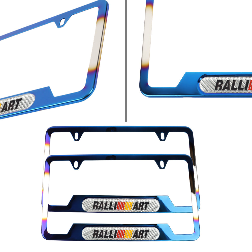 Brand New Universal 2PCS Ralliart Titanium Burnt Blue Metal License Plate Frame