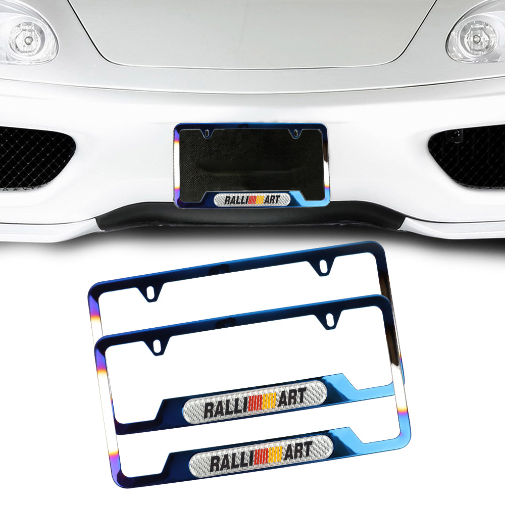 Brand New Universal 2PCS Ralliart Titanium Burnt Blue Metal License Plate Frame