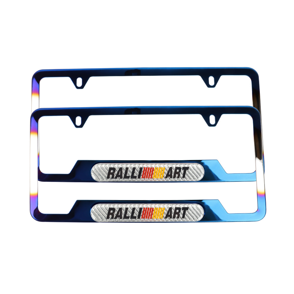 Brand New Universal 2PCS Ralliart Titanium Burnt Blue Metal License Plate Frame