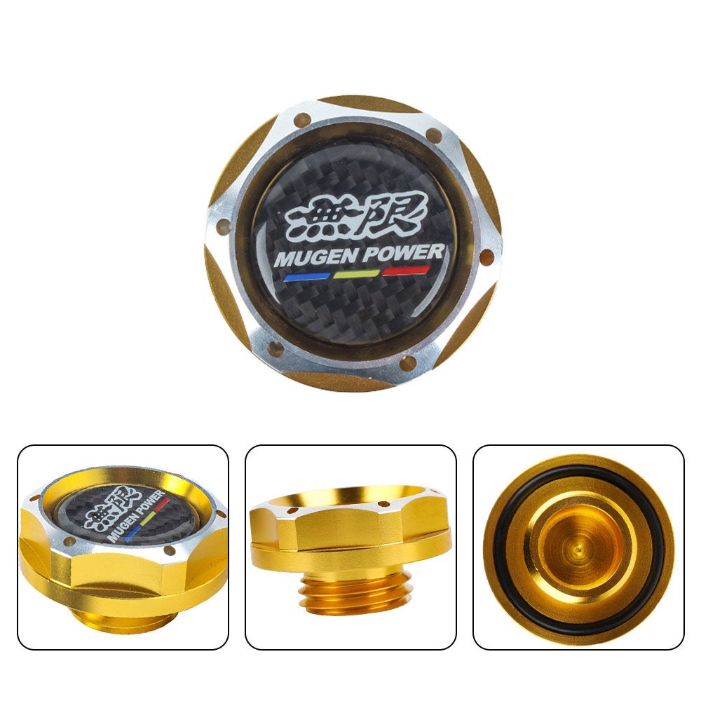 Brand New Jdm Gold Engine Oil Cap With Real Carbon Fiber Mugen Power Sticker Emblem For Honda / Acura