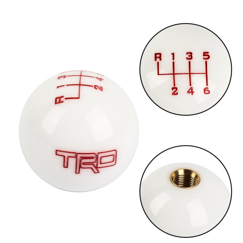 Brand New Universal JDM TRD 6 SPEED White Round Ball Gear Shift Knob Lever + Blue Adapter For Non Threaded Shifters M12x1.25