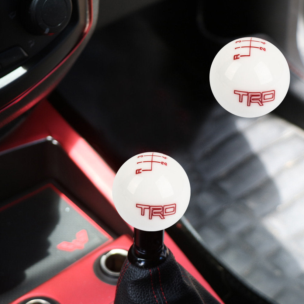 Brand New Universal JDM TRD 6 SPEED White Round Ball Gear Shift Knob Lever + Blue Adapter For Non Threaded Shifters M12x1.25