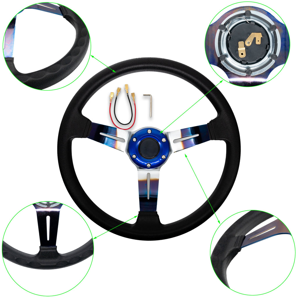 Brand New JDM Universal 350mm 14" Deep Dish Racing JDM JK Racing Black Steering Wheel Leather-Burnt Blue Spoke