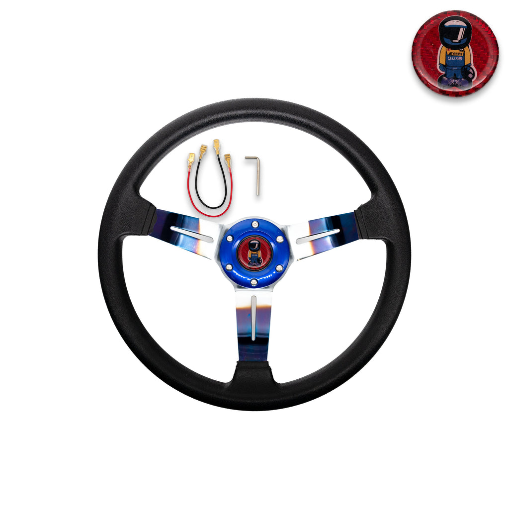 Brand New JDM Universal 350mm 14" Deep Dish Racing JDM Spoon Racer Black Steering Wheel Leather-Burnt Blue Spoke