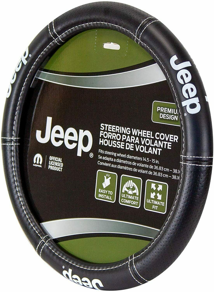 BRAND New Universal Official Licensed Jeep Deluxe Leather Steering Wheel Cover – Car Truck SUV & Van, Universal Size Fit 14.5"-15.5"