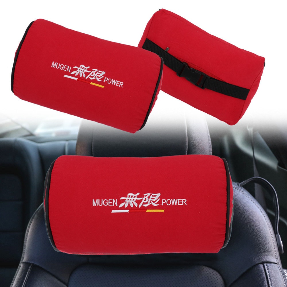 Brand New 2PCS JDM Mugen Red Fabric Material Car Neck Headrest Pillow Fabric Racing Seat