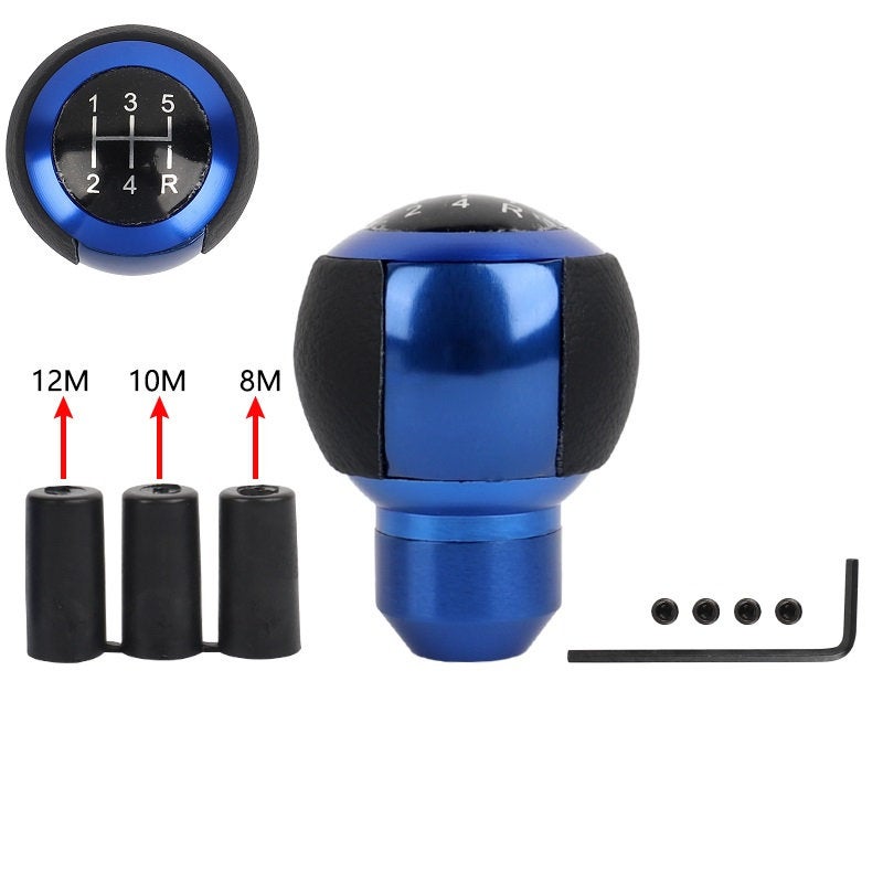 Brand New 5 Speed Leather Round Ball Shape Universal Car Gear Shift Knob Shifter Lever Blue M8 M10 M12