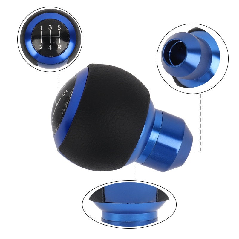 Brand New 5 Speed Leather Round Ball Shape Universal Car Gear Shift Knob Shifter Lever Blue M8 M10 M12