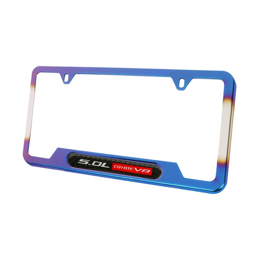 Brand New Universal 2PCS 5.0L COYOTE V8 Titanium Burnt Blue Metal License Plate Frame