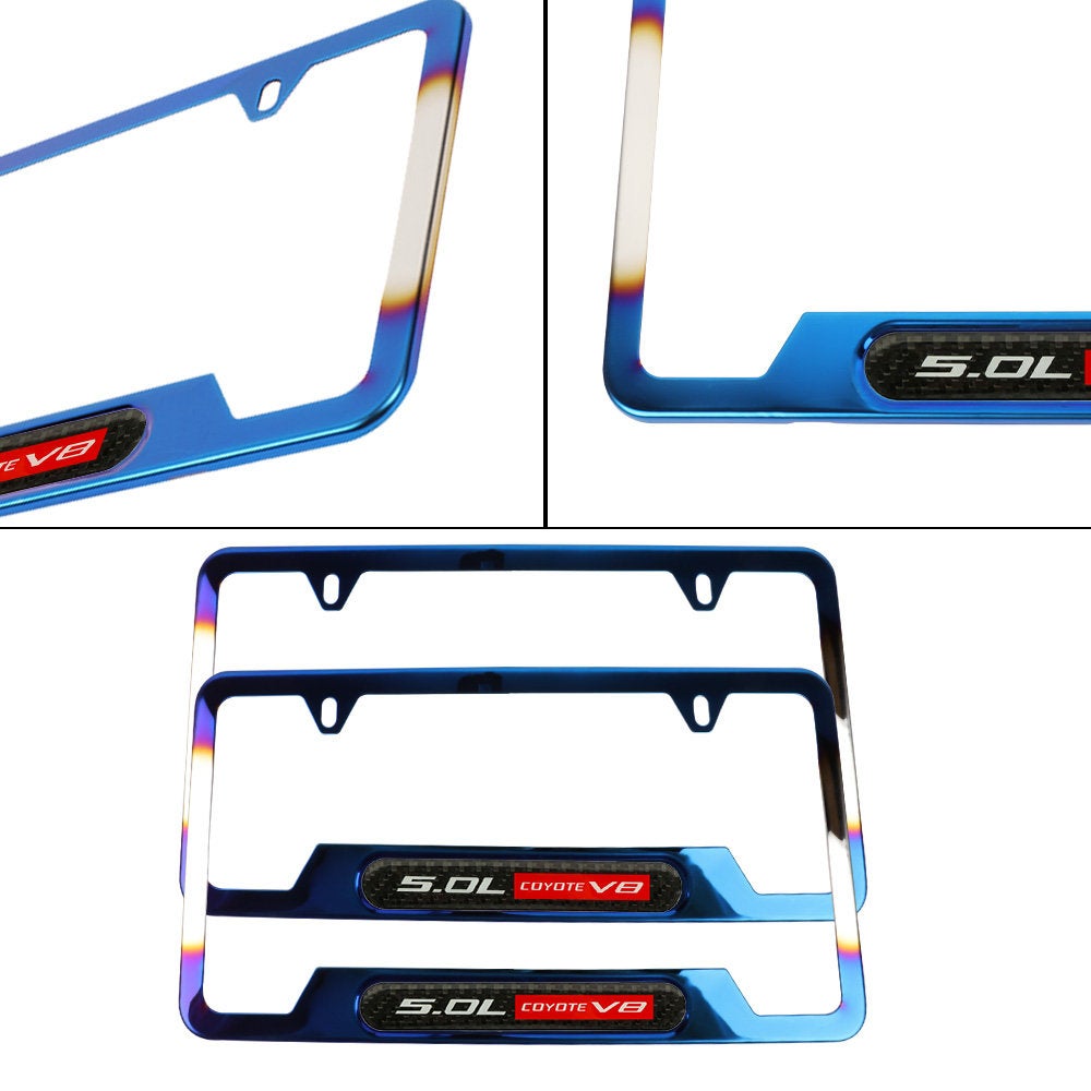 Brand New Universal 2PCS 5.0L COYOTE V8 Titanium Burnt Blue Metal License Plate Frame