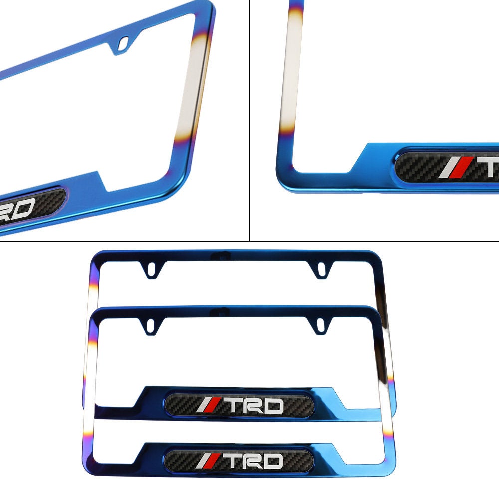 Brand New Universal 2PCS TRD Titanium Burnt Blue Metal License Plate Frame