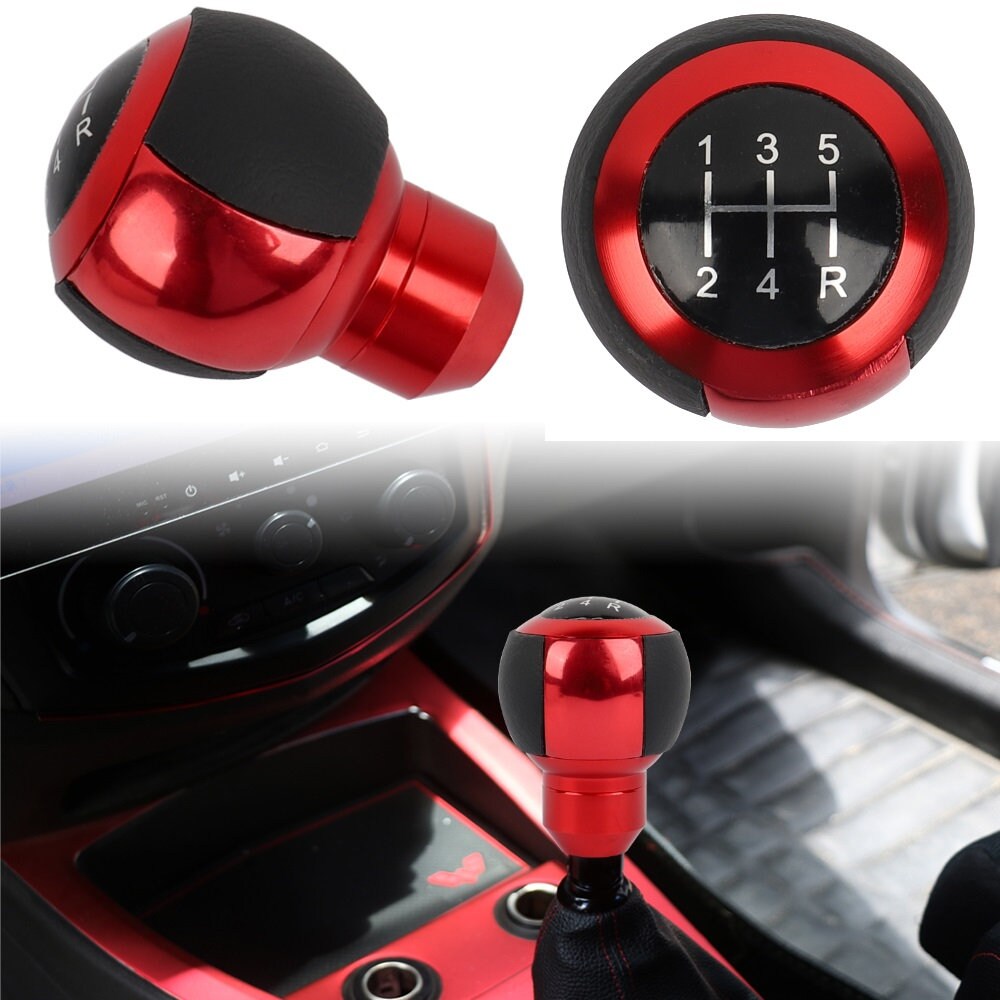 Brand New 5 Speed Leather Round Ball Shape Universal Car Gear Shift Knob Shifter Lever Red M8 M10 M12